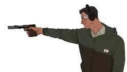 Rule 34 | 1boy, beard stubble, black hair, blinders, character request, chengongzi123, closed mouth, collared shirt, commentary, ear protection, facial hair, golden kamuy, green jacket, grey shirt, gun, hand up, handgun, highres, holding, holding gun, holding weapon, hood, hood down, jacket, long sleeves, looking to the side, male focus, mustache stubble, olympics, playing sports, shirt, short hair, simple background, stubble, symbol-only commentary, upper body, very short hair, weapon, white background