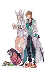 Rule 34 | 1boy, 2girls, a082, animal ears, animal slippers, black hair, bottomless, brown hair, cat, coffee mug, cup, doctor (granblue fantasy), erune, feather hair ornament, glasses, gran (granblue fantasy), granblue fantasy, hand in pocket, harvin, korwa, lab coat, lunalu (granblue fantasy), mug, multiple girls, pointy ears, ponytail, silver hair, slippers, squatting, track suit, white background