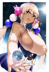 Rule 34 | 1girl, backless outfit, bare shoulders, blue skirt, blunt bangs, breasts, dark-skinned female, dark skin, earth (planet), elbow gloves, giant, giantess, gloves, hair ornament, halterneck, highres, hololive, hololive english, honeymelon, huge breasts, light brown hair, long hair, looking at viewer, miniskirt, no bra, overskirt, planet, planet hair ornament, sideboob, sidelocks, skirt, solo, tsukumo sana, tsukumo sana (1st costume), twintails, underbust, very long hair, virtual youtuber, white gloves, white skirt, yellow eyes