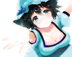 Rule 34 | 1girl, 5pb., bad id, bad pixiv id, black hair, blush, breasts, cleavage, crying, female focus, green eyes, hat, koshika rina, large breasts, looking at viewer, mob cap, nitroplus, outstretched hand, profile, science adventure, shiina mayuri, short hair, short sleeves, smile, solo, steins;gate, teardrop, tears