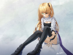 Rule 34 | 1girl, alternate costume, alternative clothes, alternative outfit, ass, between legs, black footwear, black thighhighs, blonde hair, breasts, cleavage, commentary request, eyepatch, fischl (genshin impact), genshin impact, gloves, green eyes, grey background, hand between legs, highres, long hair, long sleeves, looking at viewer, medium breasts, o-ring, pinocchio (dlekrkdwlt), shoes, sitting, small breasts, solo, thigh strap, thighhighs, two side up