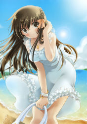 Rule 34 | 1girl, absurdres, beach, blush, bow, bracelet, braid, breasts, cleavage, dress, frills, hair bow, hair ribbon, highres, image sample, jewelry, lens flare, long hair, medium breasts, megami magazine, megami magazine deluxe, necklace, pan (mimi), ribbon, scan, solo, sundress, white dress