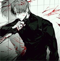 Rule 34 | 1boy, black shirt, blood, blood in hair, blood on face, blood on hands, blood splatter, closed mouth, expressionless, grey hair, highres, holding, holding knife, knife, limbus company, long sleeves, looking down, male focus, muscular, muscular male, project moon, red eyes, remsrar, scar, scar on face, shirt, solo, tiles, vergilius (project moon)