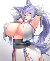 Rule 34 | 1girl, animal ears, areola slip, armpits, arms behind head, arms up, blue eyes, blush, breasts, curvy, gradient background, hair between eyes, highres, huge breasts, japanese clothes, kimono, long hair, looking at viewer, no bra, original, pelvic curtain, purple hair, simple background, solo, tail, tylwing, underboob, very long hair, wide hips, wolf ears, wolf girl, wolf tail