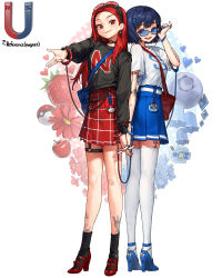Rule 34 | 2girls, absurdres, apple, back-to-back, bag, black shirt, blue eyes, blue hair, blue nails, blue skirt, blueberry, choker, creatures (company), cuffs, digimon, digivice, earrings, eyewear on head, flower, food, fruit, full body, game freak, handcuffs, heart, high heels, highres, holding hands, interlocked fingers, jewelry, long hair, looking at viewer, magnet, multiple girls, nail polish, nintendo, original, personification, poke ball, pokemon, red eyes, red hair, red skirt, rinotuna, shirt, short hair, shoulder bag, skirt, smile, strawberry, sunglasses, t-shirt, tattoo, teeth, thighhighs, upper teeth only, white background, white shirt