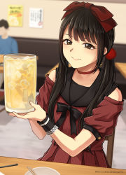 Rule 34 | 2boys, alcohol, artist name, beer, beer mug, black hair, black wrist cuffs, blurry, blurry background, bow, bowl, brown eyes, choker, chopsticks, closed mouth, crossdressing, cup, drink, hair bow, highres, holding, holding cup, ice, ice cube, indoors, long hair, looking at viewer, male focus, mug, multiple boys, original, poster (object), red bow, red choker, red shirt, setu kurokawa, shirt, short sleeves, smile, solo focus, striped clothes, striped shirt, trap, twitter username, vertical-striped clothes, vertical-striped shirt, watermark, wrist cuffs