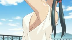 Rule 34 | 1girl, animated, animated gif, armpits, arms up, bare shoulders, breasts, character request, cloud, covered erect nipples, green hair, large breasts, lowres, midriff, no bra, outdoors, r-15 (series), sideboob, sky, standing, tank top, twintails