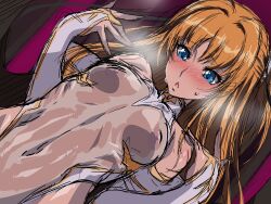 Rule 34 | 1girl, aoi nagisa (metalder), bare legs, bare shoulders, blonde hair, blue eyes, blush, breasts, curvy, dark-skinned female, dark skin, embarrassed, fingerless gloves, futaba lili ramses, gloves, hair ribbon, heavy breathing, highleg, highleg leotard, leotard, long hair, magical girl, moaning, nipples, open mouth, revealing clothes, ribbon, see-through, see-through leotard, shiny skin, simple background, sketch, small breasts, solo, steaming body, sweat, taimanin (series), taimanin rpgx, tentacle and witches, thong leotard, twintails