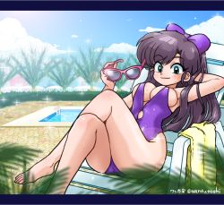 Rule 34 | 1girl, ass, breasts, cleavage, kuonji ukyou, large breasts, one-piece swimsuit, pool, ranma 1/2, skindentation, solo, sunglasses, swimsuit, thighs, wanta (futoshi), wet