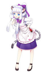 Rule 34 | 1girl, animal ears, apron, artist request, blue eyes, cat ears, cat tail, character request, chocolate, eyebrows, full body, heart, heart print, high heels, high ponytail, highres, holding, long hair, long sleeves, messy, official art, sidelocks, simple background, skirt, solo, striped, striped tail, tail, tiger ears, tiger tail, white background, white hair, youkai hyakki-tan!