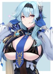 Rule 34 | 1girl, :q, absurdres, black bra, black hairband, blue gloves, blue hair, blue necktie, bra, breasts, brown eyes, commentary, eula (genshin impact), genshin impact, gloves, hair between eyes, hair ornament, hairband, hands up, heart, highres, kanta (kanta 077), large breasts, long hair, long sleeves, looking at viewer, necktie, shirt, smile, solo, tongue, tongue out, underwear, upper body, white shirt