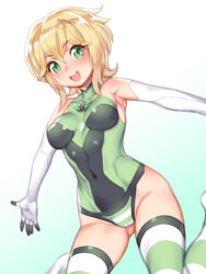Rule 34 | 1girl, :d, akatsuki kirika, bad id, bad pixiv id, bare shoulders, blonde hair, blush, breasts, commentary request, covered navel, elbow gloves, folks (nabokof), gloves, gluteal fold, gradient background, green eyes, green leotard, hair ornament, leotard, looking at viewer, medium breasts, open mouth, senki zesshou symphogear, shiny skin, short hair, skin tight, smile, solo, striped clothes, striped thighhighs, teeth, thighhighs, white gloves, x hair ornament