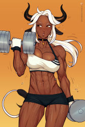 Rule 34 | 1girl, abs, animal ears, bbc-chan, bell, breasts, choker, cleavage, commentary, cow ears, cow girl, cow horns, cowboy shot, dark-skinned female, dark skin, dumbbell, english commentary, exercise, gloves, highres, horns, large breasts, muscular, muscular female, navel, neck bell, original, parted lips, patreon username, ponytail, shorts, solo, sports bra, sweat, teeth, weightlifting, white hair, yellow eyes