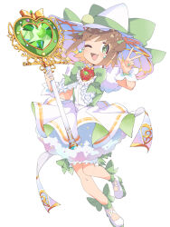 Rule 34 | + +, 1girl, ;d, alternate costume, ankle ribbon, bare legs, blonde hair, brown hair, colored inner hair, commentary, dress, earrings, fang, full body, gem, green eyes, green ribbon, hat, heart, highres, holding, holding scepter, jewelry, kasutaado (matumotolove55), leg ribbon, looking at viewer, multicolored hair, multicolored nails, nail polish, oka asahi, one eye closed, onii-chan wa oshimai!, open mouth, petticoat, platform footwear, puffy short sleeves, puffy sleeves, ribbon, scepter, shoes, short hair, short sleeves, simple background, smile, solo, two-tone hair, two side up, w, white background