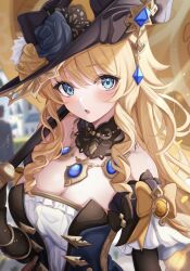 Rule 34 | 1girl, bare shoulders, black hat, blonde hair, blue eyes, blue flower, blue rose, breasts, cleavage, commentary request, detached sleeves, drill hair, drill sidelocks, flower, genshin impact, hat, hat flower, highres, jewelry, large breasts, long hair, looking at viewer, navia (genshin impact), necklace, parted lips, rose, sa-ya2, short sleeves, sidelocks, solo, upper body, very long hair, yellow flower, yellow rose