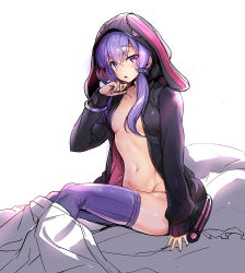 Rule 34 | 1girl, ajishio, animal hood, blanket, breasts, cleavage, coat, hair between eyes, hood, hood up, jacket, medium breasts, naked coat, navel, no bra, on bed, open clothes, open jacket, open mouth, pillow, purple eyes, purple hair, purple thighhighs, rabbit hood, short hair with long locks, simple background, sitting, sleeves past wrists, solo, thighhighs, vocaloid, voiceroid, yuzuki yukari