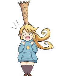 Rule 34 | &gt; &lt;, 1girl, :d, black thighhighs, blonde hair, blue hoodie, blush, boots, brown footwear, charlotta (granblue fantasy), closed eyes, commentary request, crown, facing viewer, granblue fantasy, hands up, harvin, highres, hood, hood down, hoodie, knee boots, long hair, long sleeves, mitiru ccc2, open mouth, pointy ears, print hoodie, smile, solo, star (symbol), thighhighs, v-shaped eyebrows, very long hair, xd