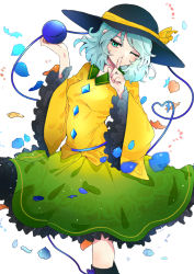 Rule 34 | 1girl, absurdres, aqua eyes, aqua hair, blouse, boots, breasts, eyeball, feet out of frame, finger to mouth, green skirt, hands up, hat, heart, heart of string, highres, koishi day, komeiji koishi, light blush, looking at viewer, medium breasts, medium hair, necono (nyu6poko), one eye closed, shirt, simple background, skirt, solo, swept bangs, third eye, touhou, white background, wide sleeves, yellow shirt