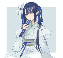 Rule 34 | 1girl, aqua eyes, blue hair, blue ribbon, blush, border, chinese clothes, closed mouth, earrings, fate/grand order, fate (series), flower, grey background, hagoromo, hair flower, hair ornament, hair ribbon, hanfu, holding, jewelry, jing ke (fate), katagiri (mighty swing), light smile, long sleeves, looking at viewer, outside border, pinky out, ribbon, sash, scroll tube, shawl, sidelocks, simple background, sitting, solo, tassel, white border, white flower