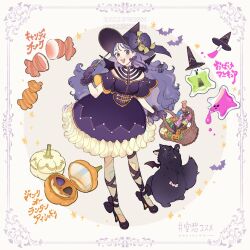 Rule 34 | 1girl, animal hands, arm up, bare shoulders, basket, bat (animal), bat wings, black bow, black cat, black choker, black gloves, black wings, bow, bow earrings, bow legwear, braid, candy, cat, choker, circle, collarbone, colored sclera, commentary request, dress, earrings, english text, eyelashes, fang, food, frilled dress, frilled gloves, frills, full body, gloves, hair bow, halloween, hat, hat bow, hat ornament, high heels, holding, holding basket, holding candy, holding food, holding wand, jewelry, lapels, leg ribbon, light blush, long hair, looking at viewer, meecosme, mixed-language text, open mouth, orange sleeves, orange trim, original, patch, pumpkin, purple bow, purple dress, purple eyes, purple footwear, purple hair, purple hat, purple ribbon, ribbon, short dress, short sleeves, signature, single braid, single earring, smile, solo, sparkle, star (symbol), star hat ornament, teeth, two-sided sleeves, upper teeth only, wand, white background, wide sleeves, wings, witch, witch hat, yellow sclera