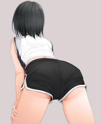 Rule 34 | 1girl, ass, basketball, black hair, black shorts, breasts, facing away, fed (giba), from behind, grey background, hand on own thigh, leaning forward, original, shirt, short hair, short shorts, shorts, simple background, sleeveless, sleeveless shirt, solo, thighs, white shirt
