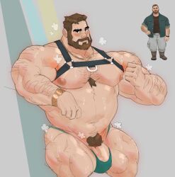 Rule 34 | 1boy, alternate pectoral size, arm hair, bara, bare pectorals, beard, belly, bikini briefs, body fur, brown hair, chest harness, come hither, coral island, dumbandgreen, facial hair, full beard, green male underwear, hairy, harness, highres, huge pectorals, looking at viewer, male focus, male pubic hair, male underwear, mark (coral island), muscular, muscular male, navel, navel hair, nipples, pectorals, penis, penis peek, pubic hair, reference inset, seductive smile, short hair, smell, smile, solo, sparse ass hair, sparse chest hair, steaming body, stomach, thick beard, thick thighs, thighs, undersized clothes, underwear
