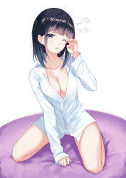 Rule 34 | 1girl, :o, absurdres, arm support, bad id, bad pixiv id, batto neko, bed sheet, between legs, black hair, blunt bangs, blush, breasts, cleavage, collarbone, dress shirt, hand between legs, hand up, highres, looking at viewer, medium breasts, no bra, no pants, one eye closed, open clothes, open shirt, original, panties, partially unbuttoned, rubbing eyes, shirt, sidelocks, simple background, sitting, sleepy, sleeves past wrists, solo, spread legs, tearing up, underwear, white background, white panties, white shirt