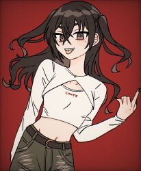 Rule 34 | 1girl, belt, black nails, breasts, brown eyes, brown hair, cowboy shot, crossed bangs, green pants, groin, hair between eyes, hamuchosu, hand up, idolmaster, idolmaster cinderella girls, index finger raised, long hair, looking at viewer, midriff, mole, mole under eye, navel, open mouth, pants, red background, sharp teeth, shirt, shrug (clothing), sidelocks, simple background, small breasts, solo, sunazuka akira, teeth, tongue, tongue out, two side up, upper teeth only, white shirt