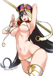 Rule 34 | 1girl, :d, arm behind head, armpits, bead necklace, beads, bikini, bikini top only, black hair, breasts, bridal gauntlets, cleavage, commentary, earrings, fate/grand order, fate (series), from below, hair between eyes, hand up, hat, highres, isao, jewelry, large breasts, long hair, looking at viewer, navel, necklace, open mouth, pink eyes, prayer beads, smile, solo, staff, stomach, swimsuit, thighhighs, twitter username, underboob, very long hair, white bikini, xuangzang sanzang (fate)