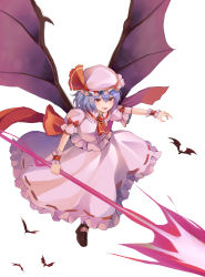 Rule 34 | 1girl, absurdres, animal, ascot, bat (animal), bat wings, black footwear, blue hair, blush, brooch, full body, hair between eyes, hat, highres, holding, holding weapon, jewelry, koizumo, mob cap, open mouth, pink hat, pink shirt, pink skirt, puffy short sleeves, puffy sleeves, red ascot, red eyes, remilia scarlet, shirt, short hair, short sleeves, simple background, skirt, solo, spear the gungnir, touhou, weapon, white background, wings