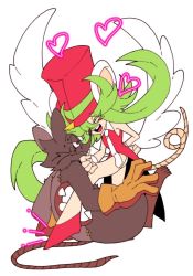 Rule 34 | 1boy, 1girl, animal ears, blush stickers, breasts, green hair, hat, hole on body, leotard, mad rat, mad rat dead, mouse (animal), mouse ears, mouse girl, mouse tail, nippon ichi, rat god, tail, tie clip, top hat, wings, wrist cuffs