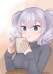 Rule 34 | 1girl, alternate costume, blowing, blue eyes, bobokuboboku, cup, grey sweater, highres, holding, holding cup, kantai collection, kashima (kancolle), long hair, mug, ribbed sweater, silver hair, solo, steam, sweater, turtleneck, turtleneck sweater, twintails, wavy hair