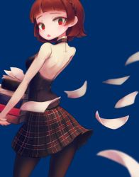 Rule 34 | 10s, 1girl, blue background, book, book stack, braid, breasts, brown hair, brown skirt, commentary, from side, holding, holding book, looking back, makaroll, niijima makoto, pantyhose, paper, persona, persona 5, plaid, plaid skirt, pleated skirt, red eyes, shirt, short sleeves, simple background, skirt, small breasts, solo, white shirt