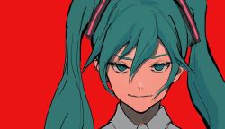 Rule 34 | 1girl, :|, blue eyes, blue hair, close-up, closed mouth, collared shirt, expressionless, eyelashes, grey shirt, hair between eyes, half-closed eyes, hatsune miku, inoitoh, long hair, looking afar, parted bangs, portrait, red background, shaded face, shirt, simple background, solo, twintails, upper body, vocaloid