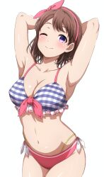 Rule 34 | 1girl, absurdres, anime coloring, armpits, arms behind head, bang dream!, bikini, breasts, brown hair, cowboy shot, frilled bikini, frills, hairband, highres, large breasts, mismatched bikini, noshimurin, one eye closed, purple eyes, red hairband, revision, short hair, side-tie bikini bottom, simple background, smile, solo, standing, swimsuit, toyama kasumi, white background