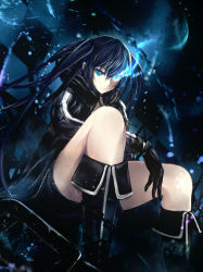 Rule 34 | 10s, 1girl, bad id, bad pixiv id, black gloves, black hair, black rock shooter, black rock shooter (character), blue eyes, boots, chain, gloves, glowing, glowing eye, glowing eyes, highres, knee boots, legs, long hair, puuzaki puuna, sitting, solo, twintails, zipper
