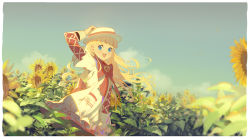 Rule 34 | 1girl, alphonse (white datura), ashita no nadja, blonde hair, blue eyes, bow, bw, cloud, day, flower, frills, hand on headwear, hat, holding, holding clothes, holding hat, long hair, nadja applefield, photoshop (medium), red bow, sky, solo, sunflower, wind