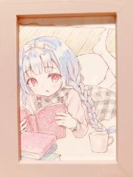 Rule 34 | 1girl, :o, blue hair, blush, book, book stack, bow, braid, chitosezaka suzu, commentary request, cup, dress, grey dress, hair bow, highres, holding, holding book, long hair, long sleeves, looking at viewer, low twintails, lying, mug, no shoes, on stomach, open book, original, parted lips, photo (medium), picture frame, pink shirt, plaid, plaid dress, red eyes, shirt, sleeveless, sleeveless dress, solo, thighhighs, traditional media, twin braids, twintails, very long hair, white bow, white thighhighs, wooden floor