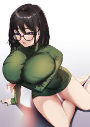 Rule 34 | 1girl, arms under breasts, black hair, blueorca, breasts, dress, glasses, highres, huge breasts, looking at viewer, mole, nail polish, original, parted lips, purple eyes, short hair, simple background, solo, thighs, turtleneck, turtleneck dress