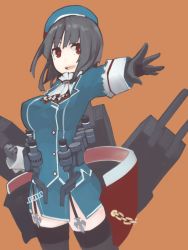 Rule 34 | 10s, 1girl, bad id, bad pixiv id, black hair, breasts, cannon, garter straps, gloves, kantai collection, large breasts, mikoto (oi plus), military, military uniform, orange background, outstretched arm, personification, red eyes, short hair, simple background, skirt, solo, takao (kancolle), thighhighs, turret, uniform, zettai ryouiki