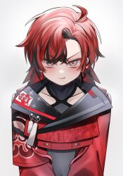 Rule 34 | 1boy, ahoge, androgynous, angry, blush, closed mouth, collarbone, earrings, hair between eyes, highres, holostars, holostars english, jacket, jewelry, looking at viewer, machina x flayon, male focus, pout, pure (berrypure), red hair, red jacket, short hair, solo, standing, virtual youtuber, white background, yellow eyes