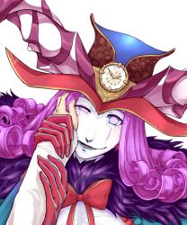 Rule 34 | 1boy, blue eyes, blue lips, bow, bowtie, clock, clown, colored skin, commentary request, curly hair, fate/grand order, fate (series), gloves, half-closed eye, hand grab, hat, headpat, highres, lipstick, long sleeves, looking at viewer, makeup, mephistopheles (fate), multicolored clothes, multicolored eyes, open mouth, pale skin, pectorals, pink eyes, pov, pov hands, purple hair, smile, teeth, thehappinessofr, white background, white skin