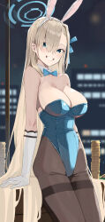 Rule 34 | 1girl, absurdres, animal ears, asuna (blue archive), asuna (bunny) (blue archive), bare shoulders, blonde hair, blue archive, blue eyes, blue leotard, blue ribbon, blush, breasts, brown pantyhose, cleavage, detached collar, elbow gloves, fake animal ears, gloves, grin, hair over one eye, hair ribbon, halo, highleg, highleg leotard, highres, large breasts, leotard, long hair, looking at viewer, pantyhose, playboy bunny, rabbit ears, ribbon, smile, solo, thighband pantyhose, thighs, very long hair, white gloves, yuzu-aki