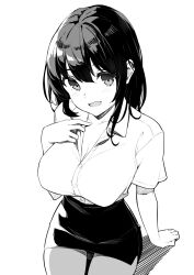 Rule 34 | 1girl, breasts, cleavage, collarbone, collared shirt, greyscale, highres, kekemotsu, large breasts, looking at viewer, miniskirt, monochrome, open mouth, original, pencil skirt, shirt, short sleeves, sidelocks, skirt, smile, solo, thighs