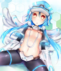 Rule 34 | 10s, 1girl, blanc (neptunia), blue hair, blush, breasts, hat, highres, neptune (series), next white, red eyes, see-through, solo, symbol-shaped pupils, white heart (neptunia), wings