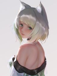 Rule 34 | animal ear fluff, animal ears, arknights, bare shoulders, choker, dress, gradient hair, green dress, green eyes, grey background, highres, kal&#039;tsit (arknights), laozhanshi, looking at viewer, looking back, multicolored hair, silver hair, simple background, solo