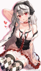 Rule 34 | 1girl, argyle, argyle clothes, argyle legwear, arm behind head, arm up, bare shoulders, black bow, black hairband, bow, braid, breasts, cleavage, commentary request, dress, drop shadow, fang, fujima takuya, grey background, grey hair, hair between eyes, hair ornament, hairband, hairclip, heart, heart hair ornament, hololive, jacket, looking at viewer, medium breasts, off shoulder, official art, open clothes, open jacket, parted lips, red eyes, sakamata chloe, simple background, solo, thighhighs, virtual youtuber, white dress, white jacket, x hair ornament