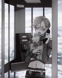 Rule 34 | 1boy, bouquet, cloud, cloudy sky, crop top, daisy, eyelashes, flower, freckles, highres, holding, holding bouquet, holding phone, jojo no kimyou na bouken, male focus, midriff, payphone, phone, phone booth, ribbed sweater, sempon (doppio note), sky, solo, sweater, talking on phone, turtleneck, vento aureo, vinegar doppio