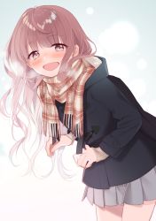 Rule 34 | 1girl, backpack, bag, blue background, blue coat, blush, breath, coat, hunched over, long hair, looking at viewer, naoto (tulip), open mouth, original, pink eyes, pink hair, plaid, plaid scarf, pleated skirt, scarf, school uniform, simple background, skirt, smile, solo, wavy hair