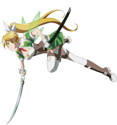 Rule 34 | 10s, 1girl, blonde hair, braid, breasts, cleavage, full body, gloves, green eyes, highres, holding, holding sword, holding weapon, leafa, leafa (sao:im), long hair, official art, pointy ears, ponytail, side braid, simple background, skirt, solo, sword, sword art online, thighhighs, twin braids, very long hair, weapon, white background, white thighhighs